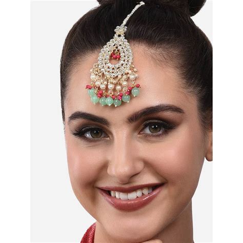 Buy Zaveri Pearls Pink & Green Cluster Drops Ethnic Kundan Maangtikka ...