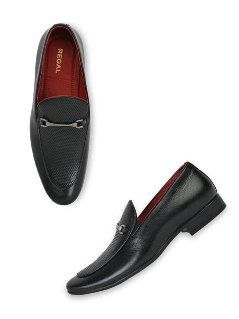 Shop Regal Black Men Leather Laser Cut Formal Slip Ons Online.