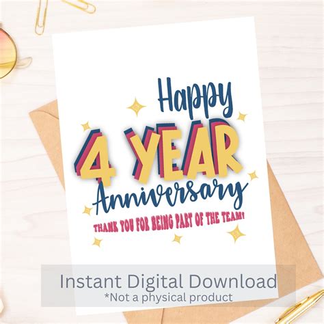 Happy 4 Year Anniversary - Work Anniversary Card- Instant Download PDF ...