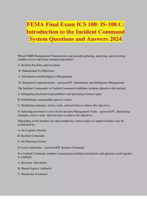 FEMA Final Exam ICS 100: IS-100.C: Introduction to the Incident Command ...