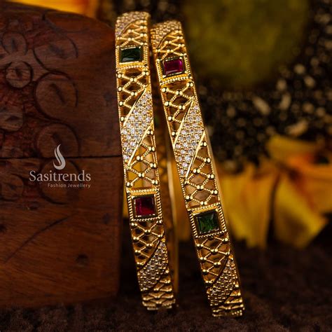 American Diamond Bangles with Ruby & Green Square Stones - Sasitrends