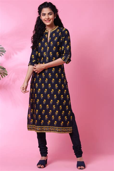 Black Cotton Kurta Churidar Set at Biba India