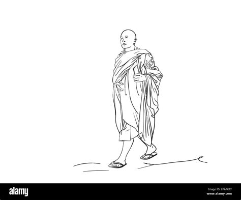 Sketch of walking buddhist monk with smart phone in hand, Hand drawn ...