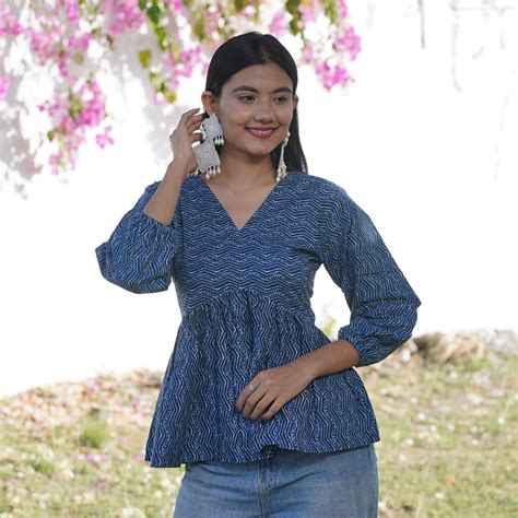 Indigo Blue Zig Zag V-Neck Cotton Top – Breathable & Natural Fabric wi ...