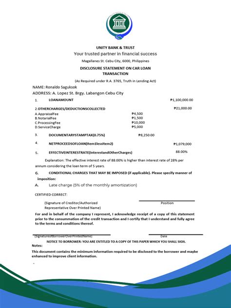 Image result for Disclosure Statement Example