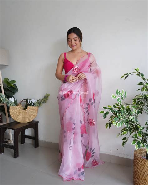 Gazing Soft Pink Rose Printed Pure Organza Saree – Organza Mall