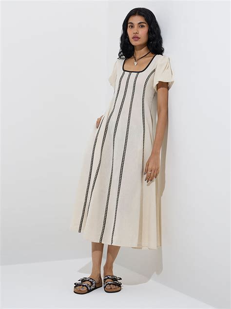 Buy Bombay Paisley Off-White Striped Cotton-Blend A-Line Dress from ...