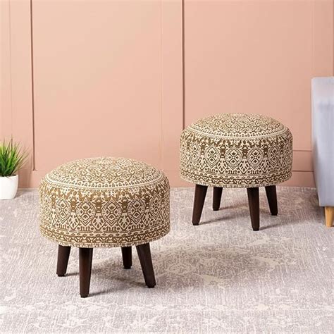 nestroots Set of 2 Wooden Ottoman Stools for Living Room | Printed ...