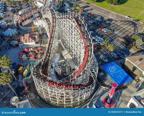 Aerial View of Iconic Giant Dipper Roller Coaster in Belmont Park, San Diego, California ...