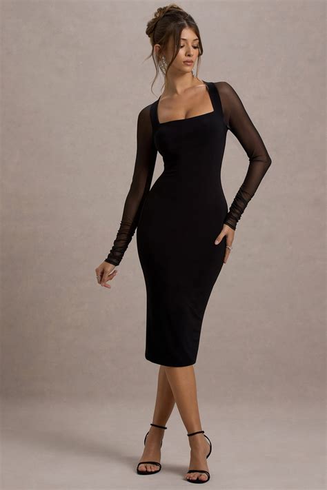 Off Track Black Bodycon Midi Dress With Sheer Sleeves – Club L London - USA