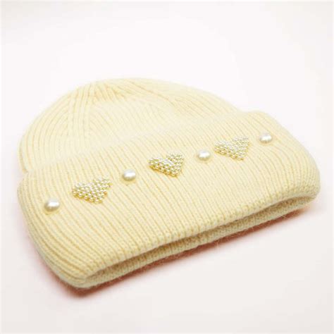 Ribbed Wool Beanie with Pearls & Heart Embellishments - Off-White ...