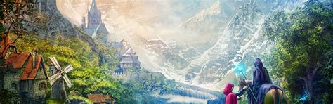 Download wallpaper Mountains, Dragon, Mill, Castle, Clouds, Horse ...