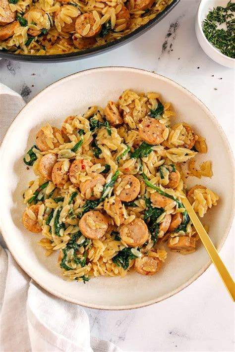 Creamy Chicken Sausage Orzo Skillet - Eat Yourself Skinny
