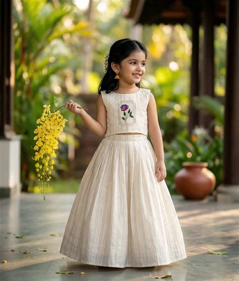 Off-White Floral Embroidery Cotton Skirt and Top | Nakshatra Kids ...