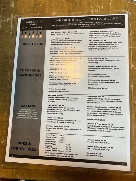 Menu at Wolf River Cafe, Rossville, 460 Main St