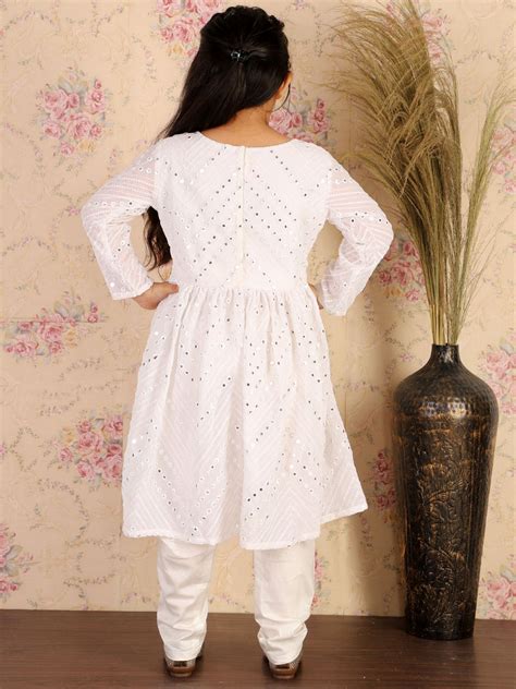 Girl's White Mirror Kurta Pyjama Set – vastramay
