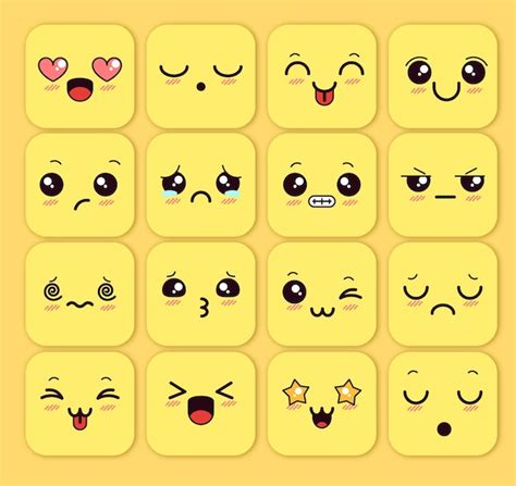 Cute faces with emotions yellow emojis | Premium Vector
