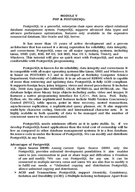 Php 5 th module - long notes - MODULE V PHP & POSTGRESQL: PostgreSQL is ...