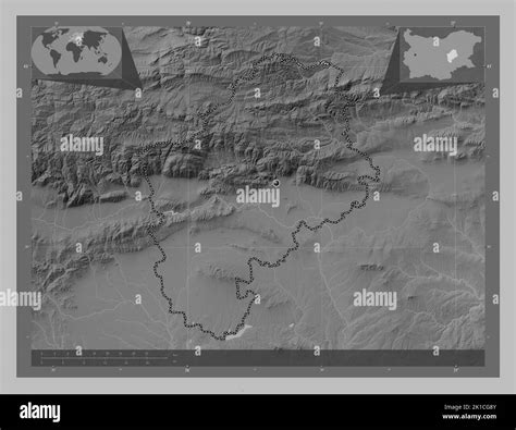 Sliven, province of Bulgaria. Grayscale elevation map with lakes and rivers. Corner auxiliary ...