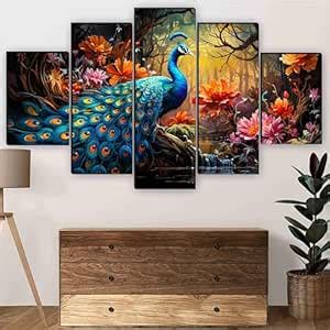 SAF Peacock Paintings for Wall Decoration - Set Of Five, 3d Scenery ...