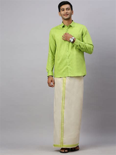 Men Macho Lite Green Colour Shirt & Matching Border Tissue Dhoti Set CCB