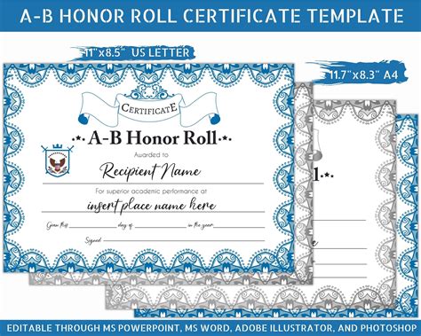 AB Honor Roll Certificate Template: Printable Student Recognition (MS ...