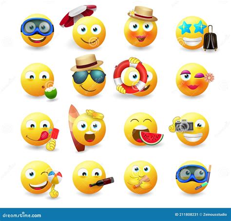 Summer Emoji Vector Set Design. Emojis Emoticon In Funny And Cute Faces With Summer Vacation ...