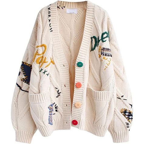utcoco Womens Graffiti style Embroidery Cardigan Long Sleeve Sweaters ...