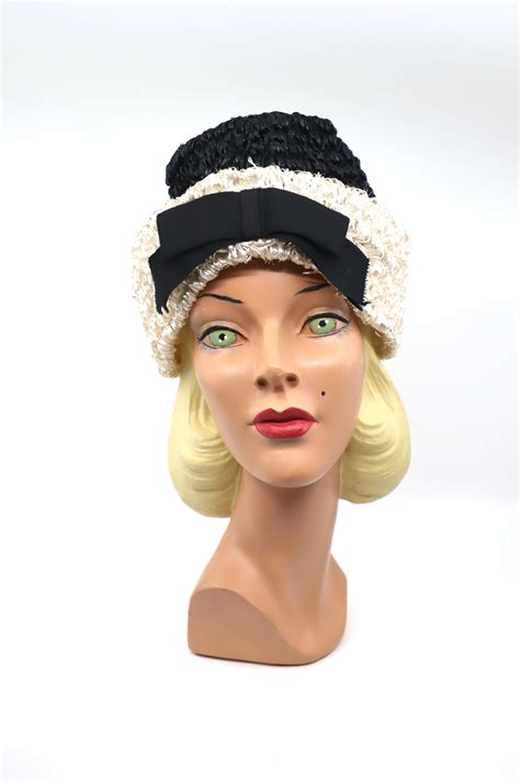 The House of Hats Vintage 1950s Raffia Hat, 50s Black & White Contrast ...