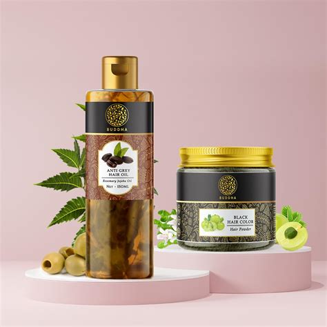 Buddha Natural Grey Hair Oil & Black Hair Color Powder Combo - Plant ...
