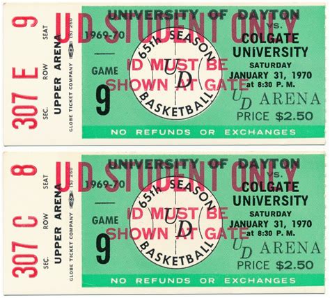 ticket stub 1970 University of Dayton vs Colgate Basketball Game on ...