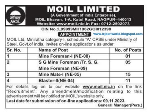 MOIL LIMITED (GOVT OF INDIA ENTERPRISE) RECRUITMENT OF MINE FOREMAN, SG ...