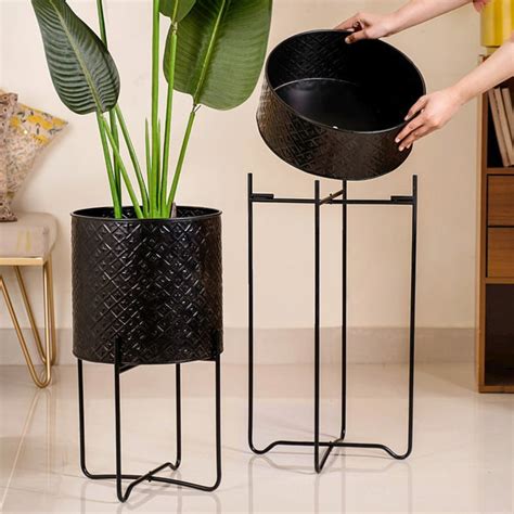 Modern Metal Floor Planter With Stand Black Set Of 2 Online - Premium ...