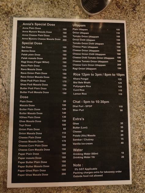 Menu at Anna, Pune, A/13