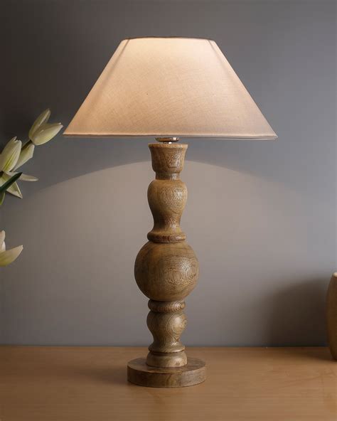 Hand Turned Wood Bubble Bedside Table Lamp, Cone Shade – Homesake.in