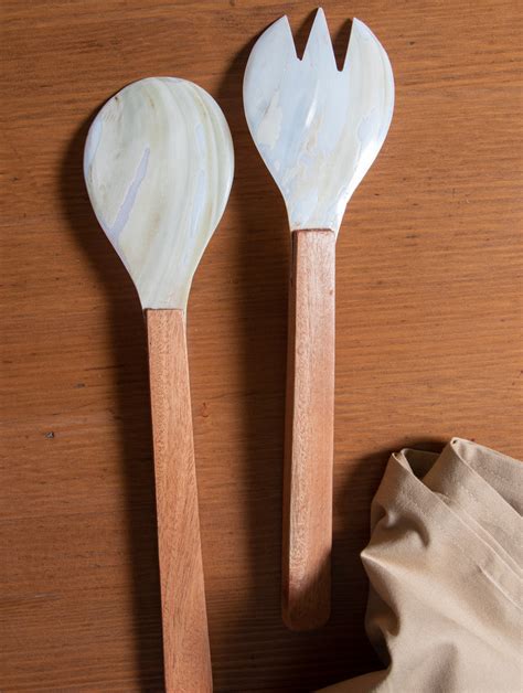 Shell Craft Salad Spoons With Wooden Handles - (Set of 2)