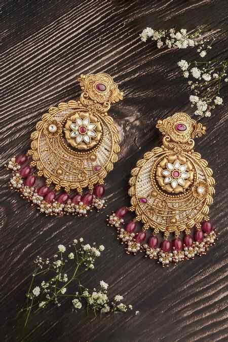 Buy Gold Plated Stone Floral Chandbalis With Pink Beads by VIVINIA by ...