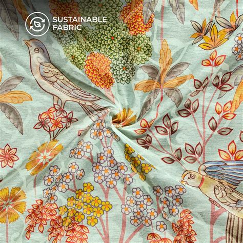 Baby Blue And Red Bird Pattern Digital Print Floral Brasso Fabric ...