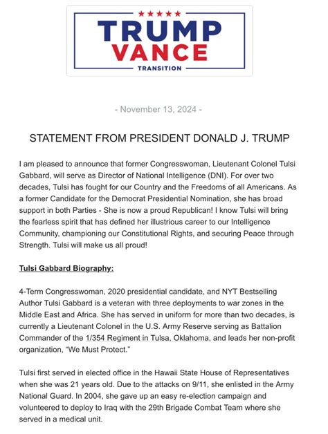 Tulsi Gabbard appointed as Director of National Intelligence | Stella's Place