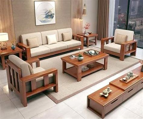 K L FURNITURE Woodden Sofa Set 5 Seater with Center Table (3+1+1) for ...