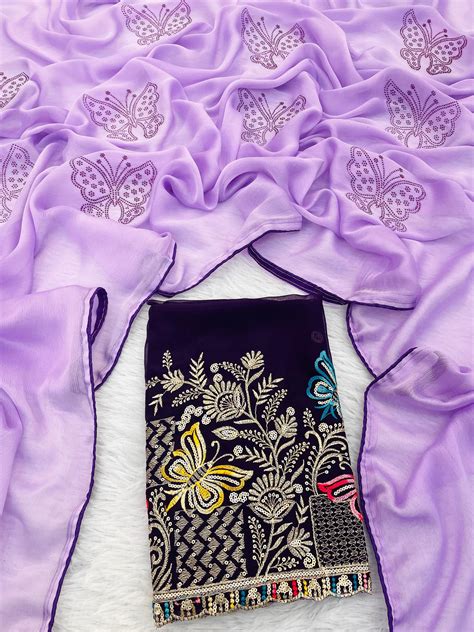 Lavender Toned Chiffon Saree with Multi-Thread Embroidered Blouse & St