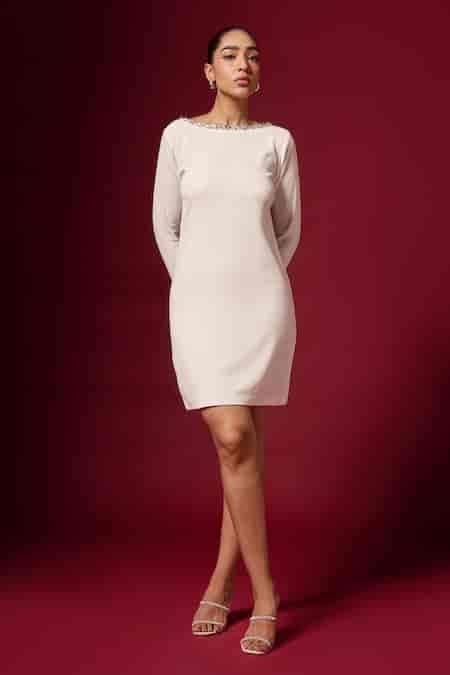 Buy White Crepe Embellished Jewel Round Border Dress For Women by ...