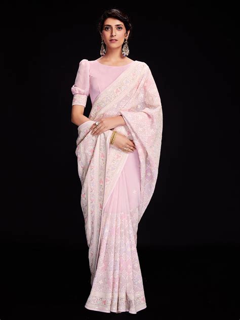 Pink Georgette Embellished Saree With Unstitched Blouse - Cl