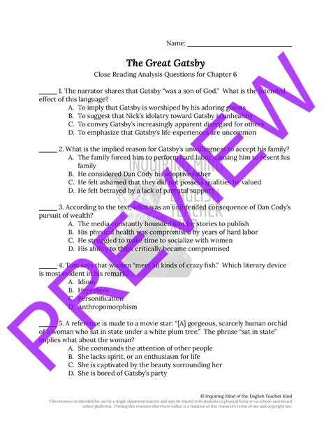 The Great Gatsby Chapter 6 Close Reading Analysis Worksheet | Teaching ...
