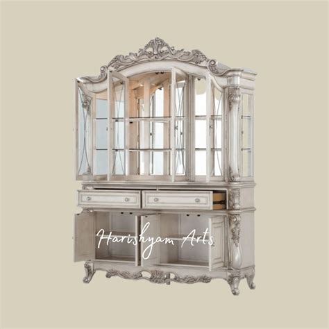 Imperial Classic Crockery Showcase Almirah in Antique White Finish wit