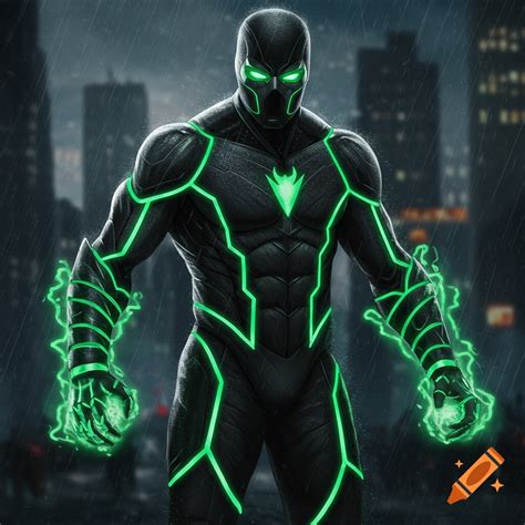 Superhero in black suit with glowing green energy in rainy city on Craiyon