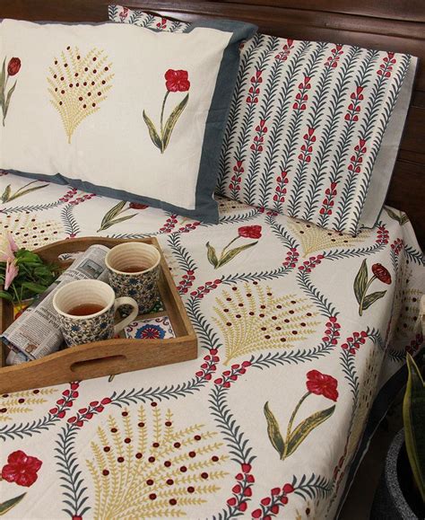 Buy Pink Floral Block Printed Bedsheet With 2 Pillow Cover Set