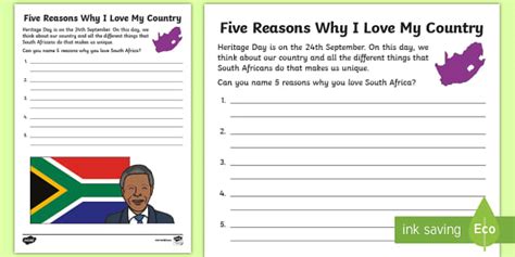 Grade 2 LS T4 Five Reasons Why I Love My Country Worksheet (CAPS)