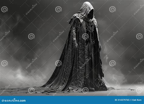 Mysterious Cloaked Figure Standing In A Gothic Cathedral With Red ...