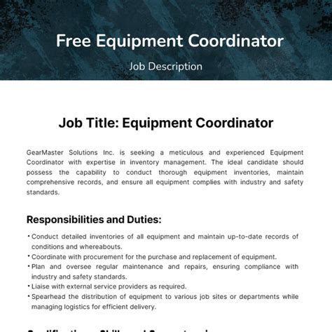Free Equipment Coordinator Job Description Template to Edit Online
